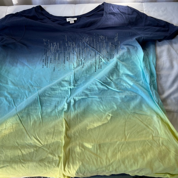 Avenue Women’s Blue Green Ombre Cotton Short Sleeve Tee - Picture 1 of 5